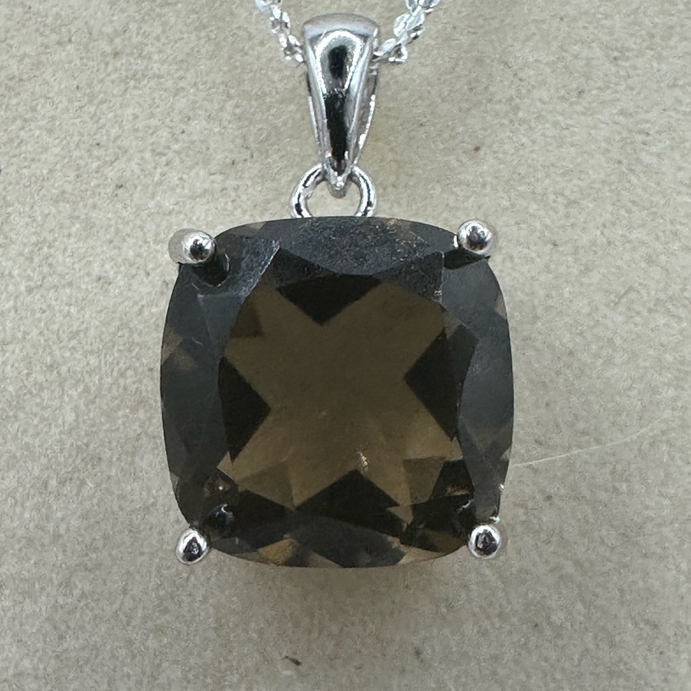 Faceted Square Smoky Quartz Pendant on Silver Chain - Picture 11 of 11